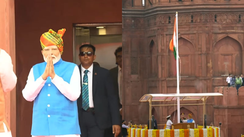 ಕೆಂಪುಕೋಟೆಯಲ್ಲಿ  ಧ್ವಜಾರೋಹಣ ನೆರವೇರಿಸಿದ ಪ್ರಧಾನಿ ಮೋದಿ