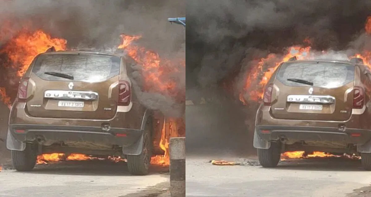 ನೋಡನೋಡುತ್ತಲೇ ಏಕಾಏಕಿ ಹೊತ್ತಿ ಉರಿದ ಕಾರು – ಅದೃಷ್ಟವಶಾತ್ ಚಾಲಕ ಪಾರು