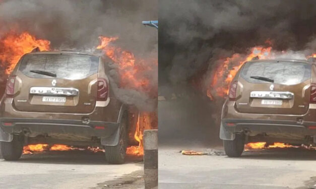 ನೋಡನೋಡುತ್ತಲೇ ಏಕಾಏಕಿ ಹೊತ್ತಿ ಉರಿದ ಕಾರು – ಅದೃಷ್ಟವಶಾತ್ ಚಾಲಕ ಪಾರು