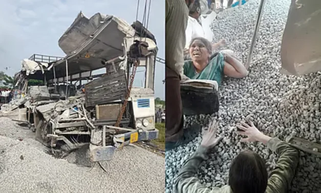 ತೆಲಂಗಾಣದಲ್ಲಿ ಬಸ್  ಅಪಘಾತ – ಬಸ್ಸಿನೊಳಕ್ಕೆ ಬಿದ್ದ ಜಲ್ಲಿ ರಾಶಿಯಲ್ಲಿ ಸಿಲುಕಿ 10ಕ್ಕೂ ಅಧಿಕ ಮಂದಿ ಸಾವು