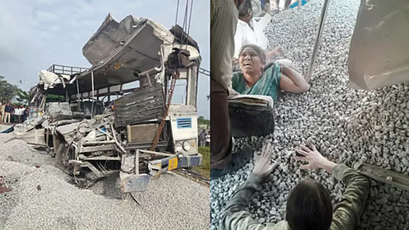 ತೆಲಂಗಾಣದಲ್ಲಿ ಬಸ್  ಅಪಘಾತ – ಬಸ್ಸಿನೊಳಕ್ಕೆ ಬಿದ್ದ ಜಲ್ಲಿ ರಾಶಿಯಲ್ಲಿ ಸಿಲುಕಿ 10ಕ್ಕೂ ಅಧಿಕ ಮಂದಿ ಸಾವು